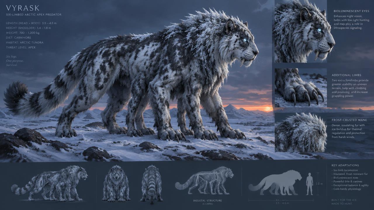 Original six-limbed arctic apex predator concept with frost-crusted mane and adaptation callouts