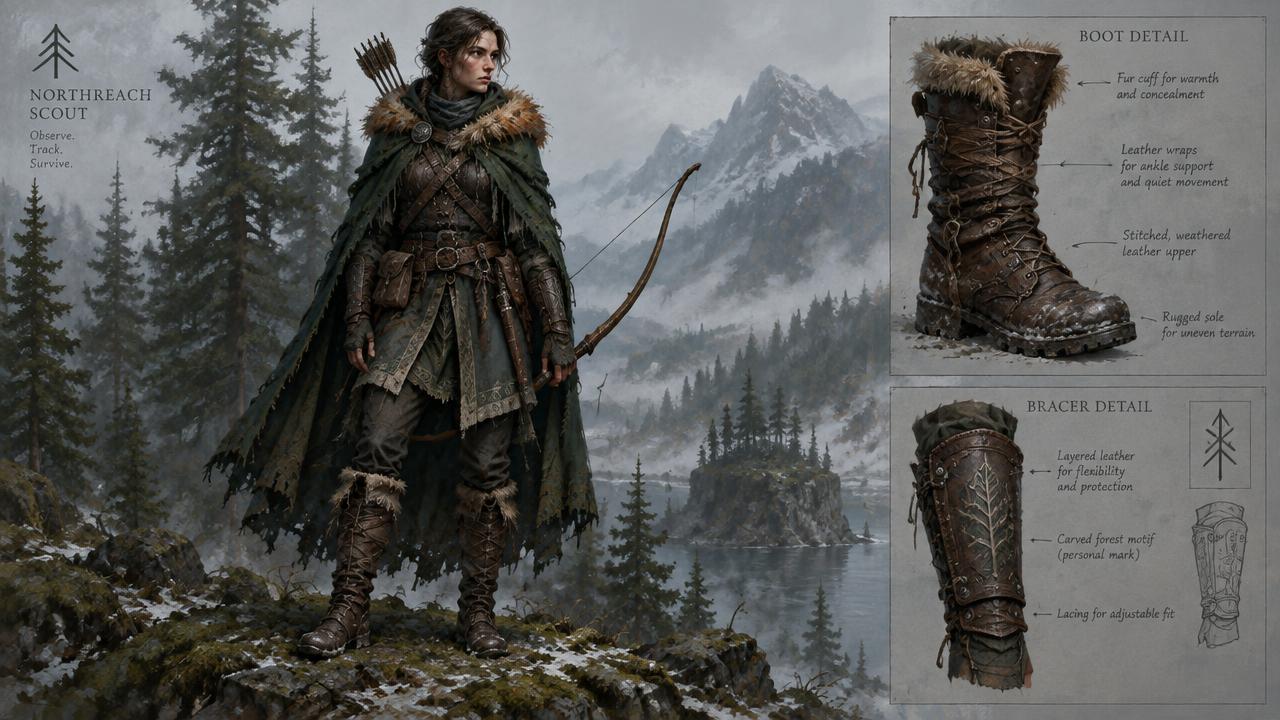 Original ranger scout character concept in a layered cloak with gear detail callouts, set in a misty pine forest