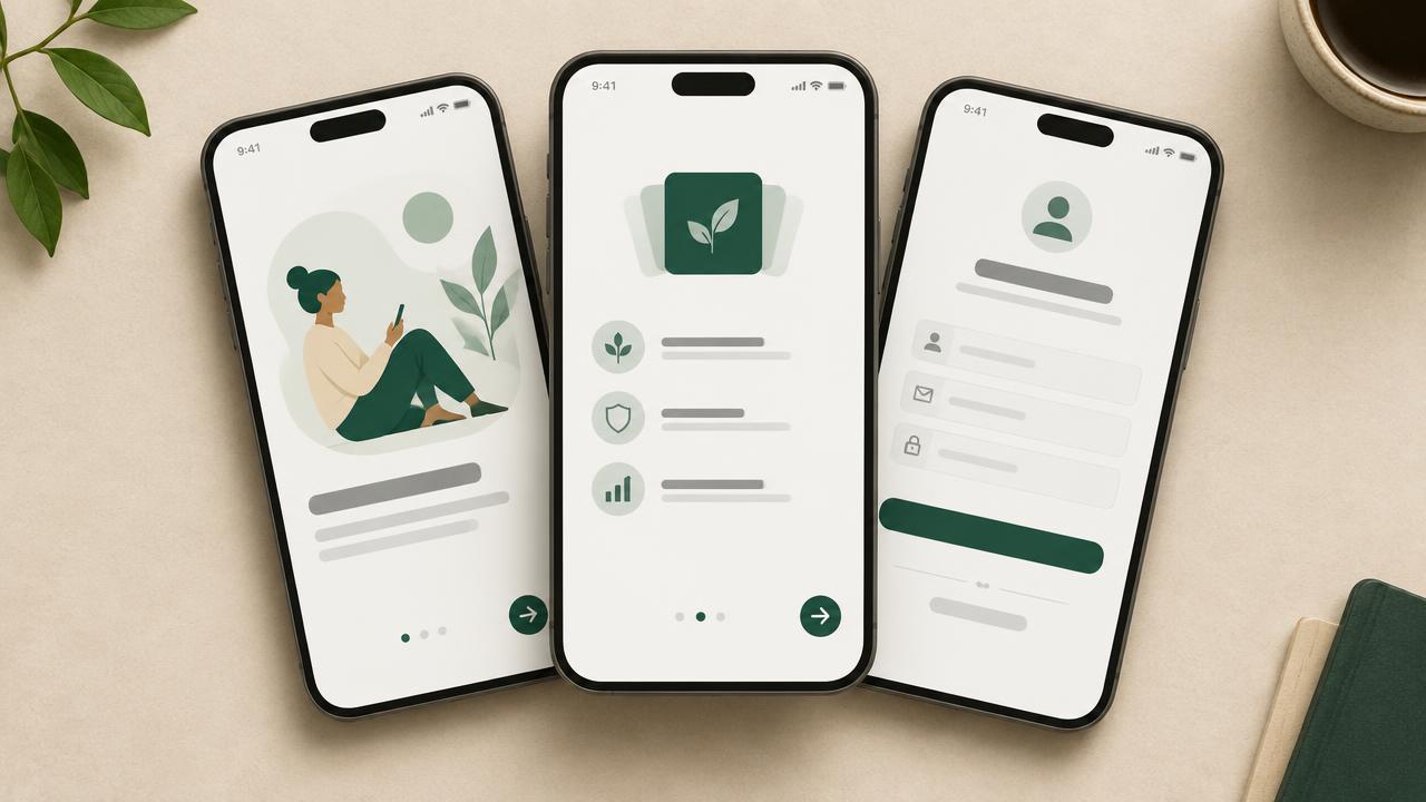 Three mobile onboarding screen mockups with progressive disclosure in a green and cream palette