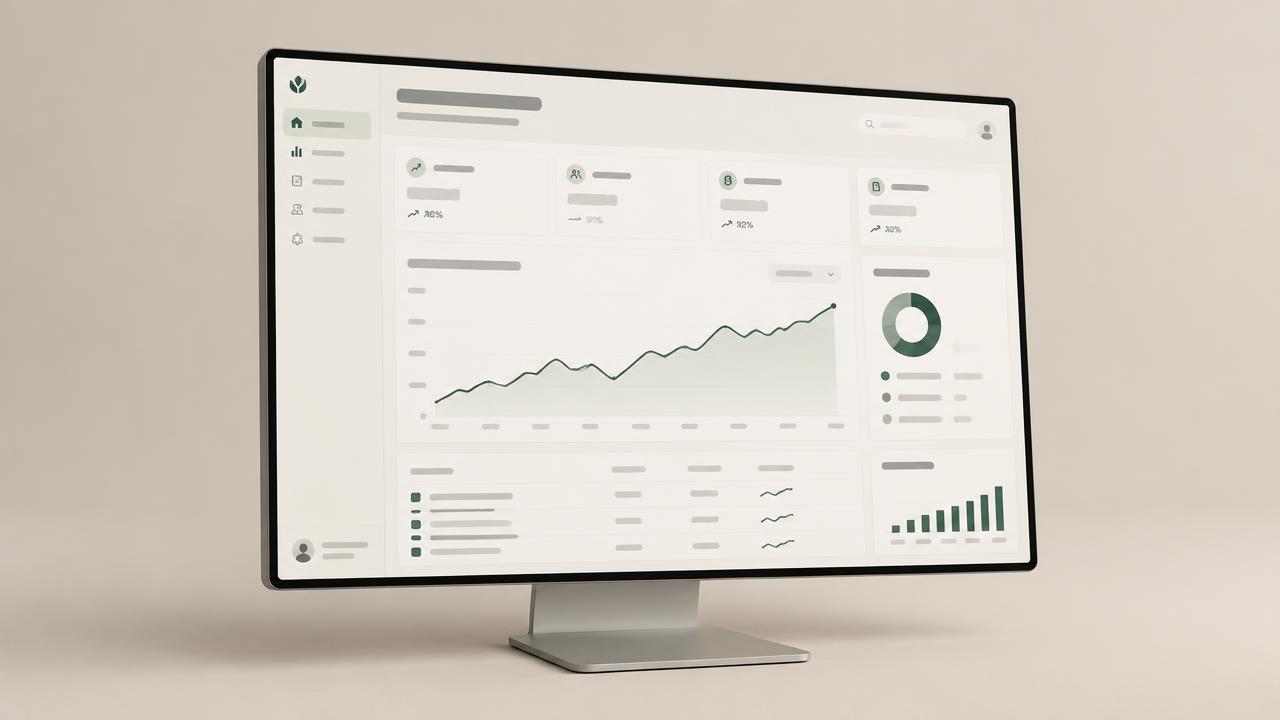 B2B analytics dashboard hero mockup on a floating screen with a green line chart and KPI cards