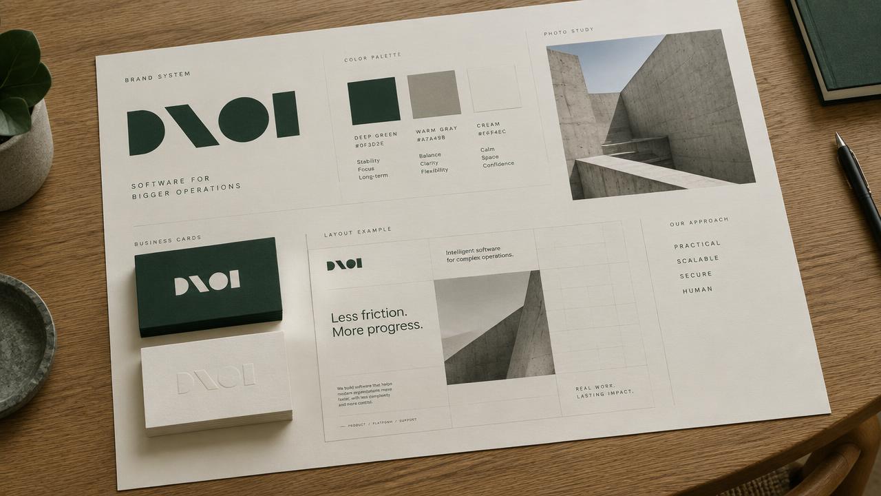 Restrained B2B software brand system board in deep green, warm gray, and cream with cards and a layout sample