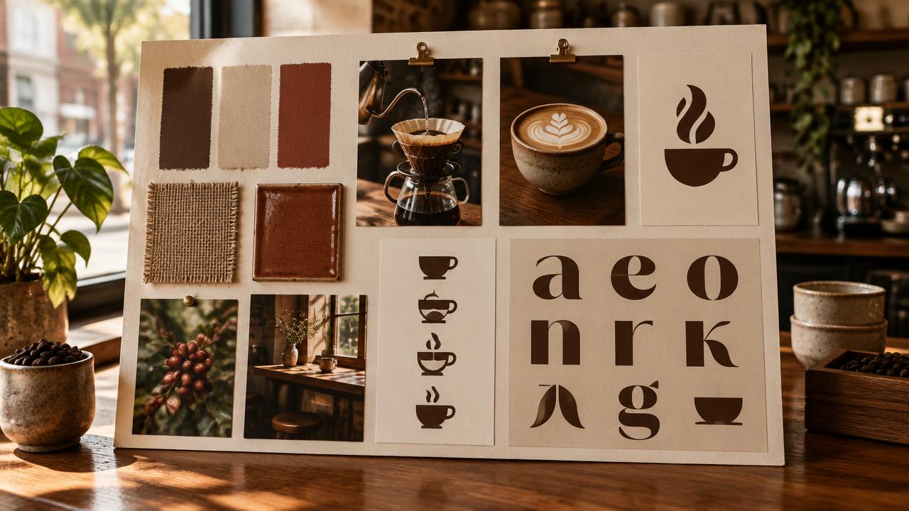 Specialty coffee house mood board with espresso and cream palette, burlap and ceramic swatches, and brewing photography