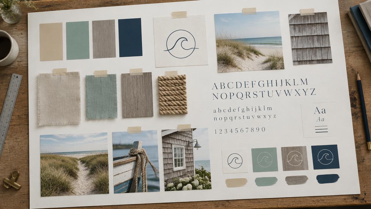 Brand identity mood board for a coastal boutique hotel with palette strips, linen and rope swatches, and dune photography