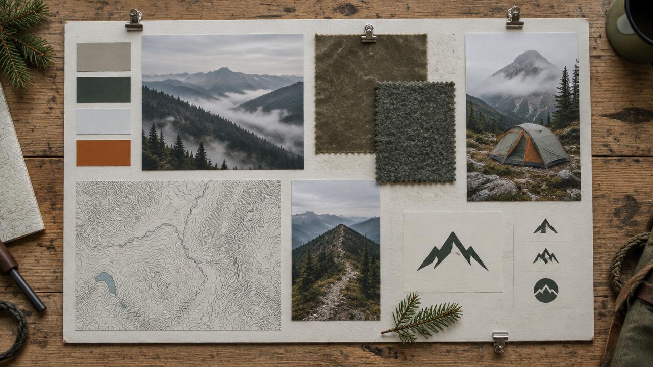 Outdoor lifestyle brand mood board with alpine palette, canvas and wool swatches, and a topographic pattern study