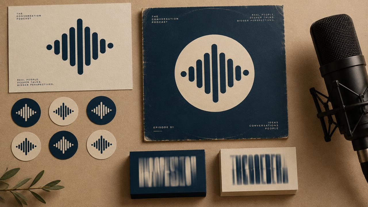 Podcast brand identity flat-lay with a waveform logo mark, badges, and a sleeve mockup beside a studio microphone