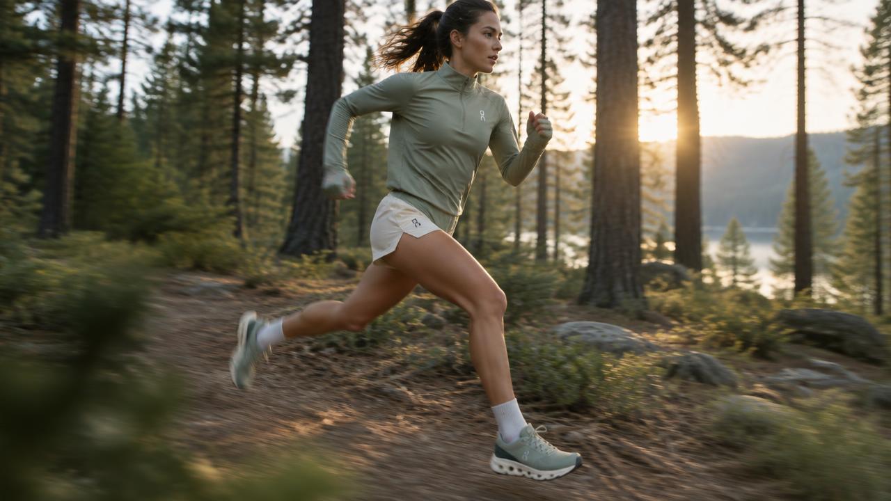Runner mid-stride on a pine forest trail in sage and cream technical apparel with motion blur on the limbs