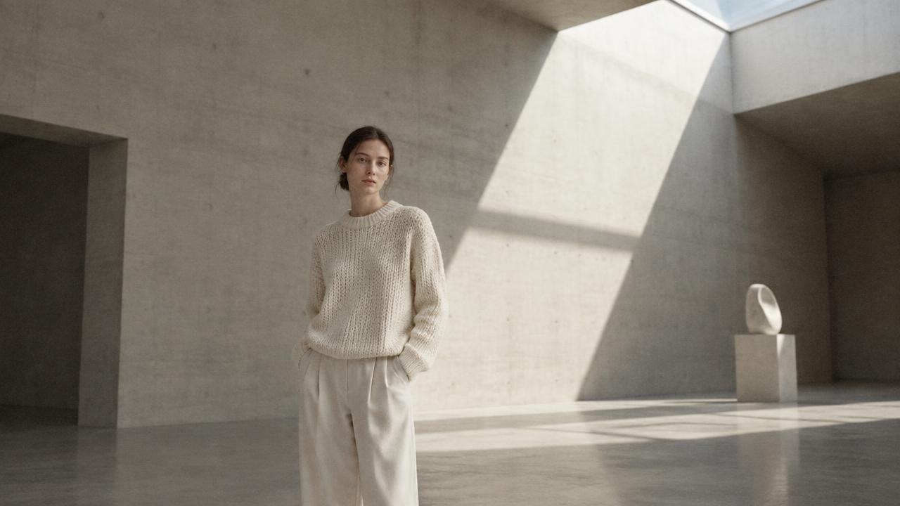 Model in a cream chunky-knit sweater inside an architectural concrete gallery with geometric skylight shadows