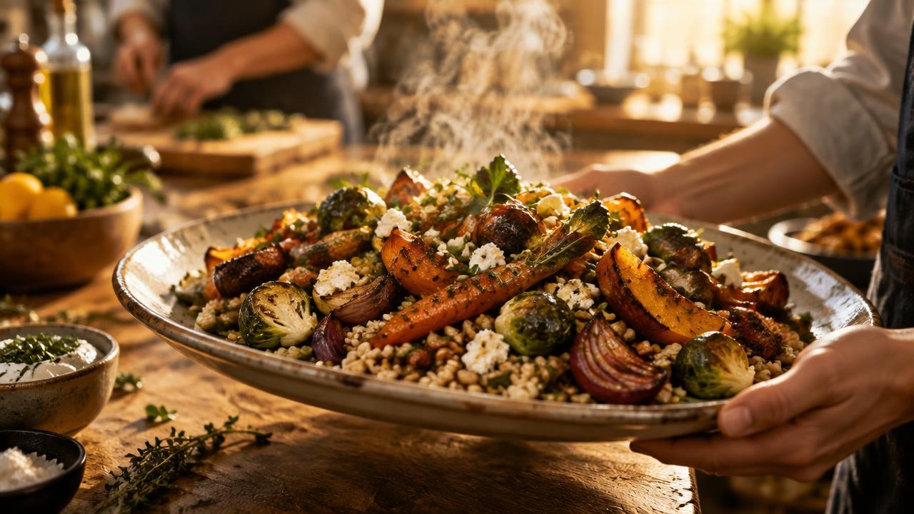 Warm hero shot of a steaming roasted vegetable platter held in a busy golden-lit kitchen