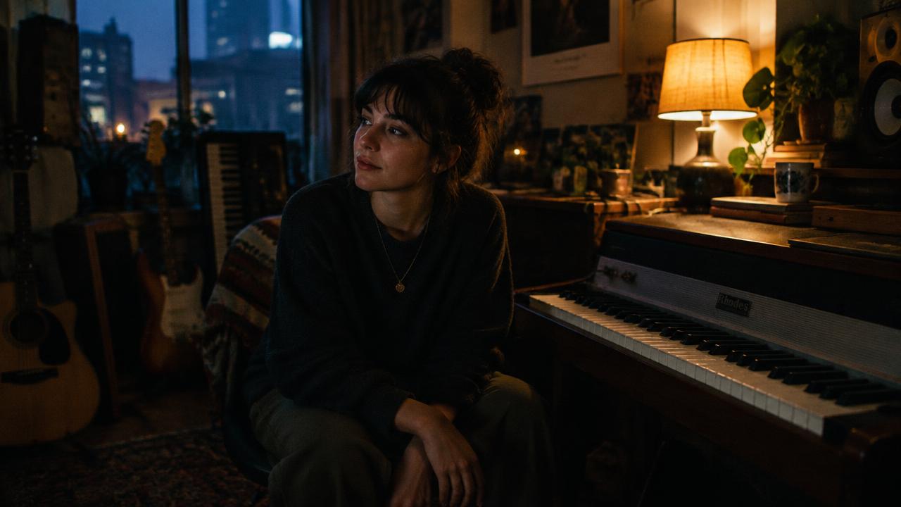 Low-light environmental portrait of a musician beside a keyboard in a warm lamp-lit home studio