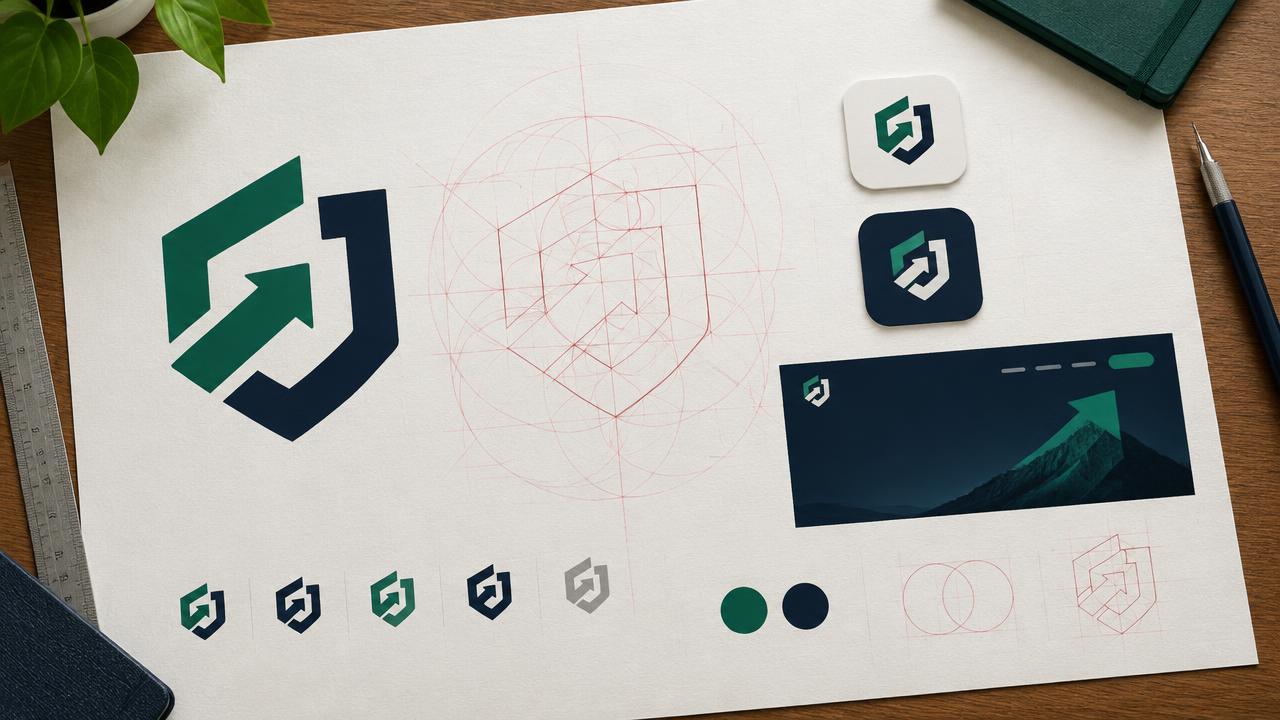 Fintech geometric logomark sheet with grid construction guides and app icon applications