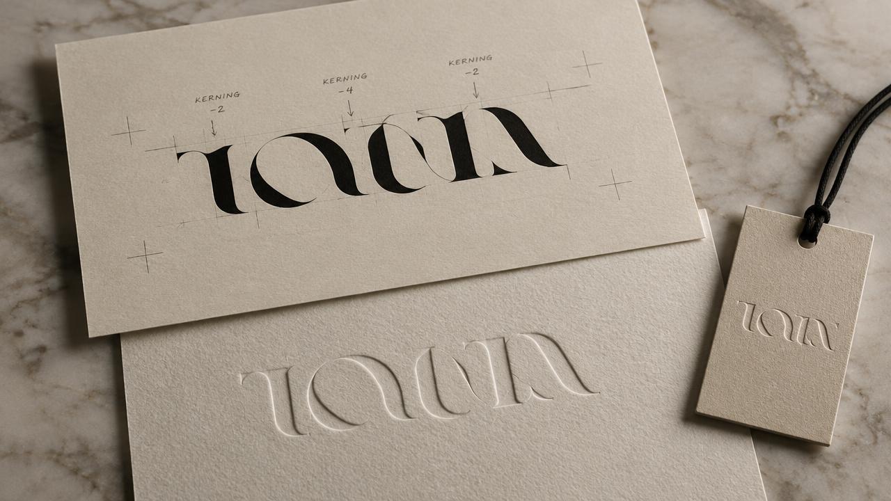 Elegant serif wordmark study on paper with kerning annotations, blind embossing, and a garment tag
