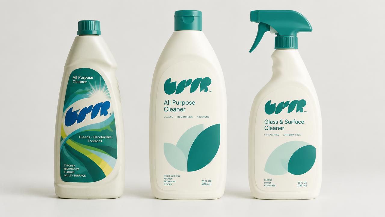 Legacy and refreshed cleaning product bottles side by side, showing a simplified teal and cream label system