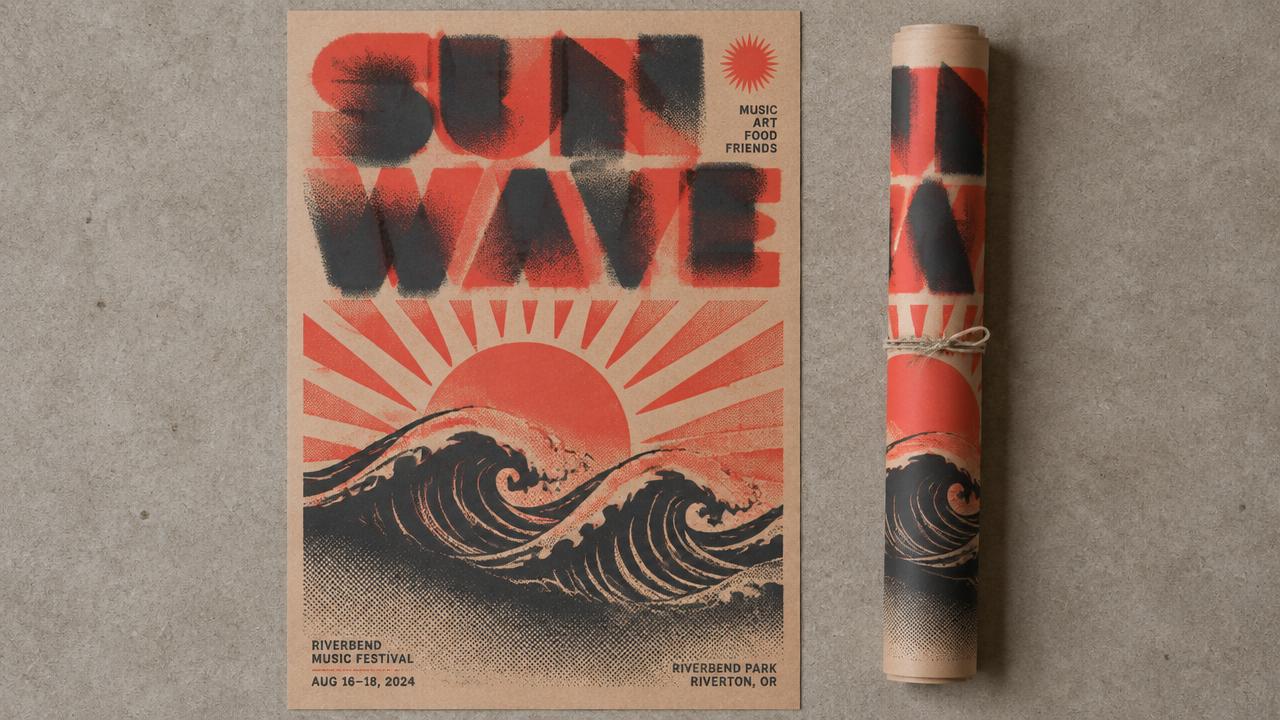 Two-color screenprint music festival poster with bold block letterforms, a sunburst, and a wave motif