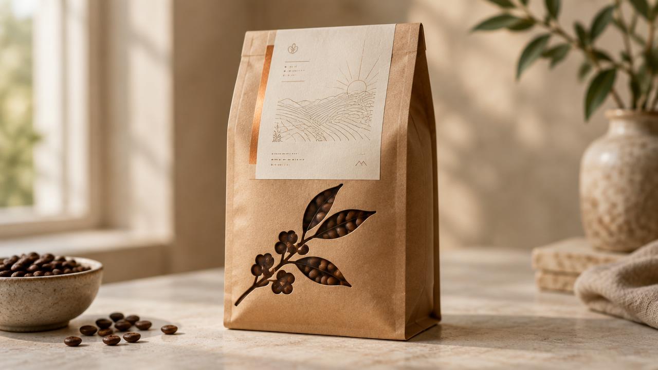Kraft coffee bag with a branch-shaped window revealing beans and a line-illustrated origin label