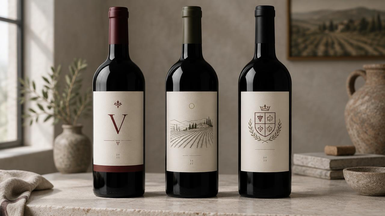 Three wine bottles showing modern heritage label concepts for a small vineyard reserve release