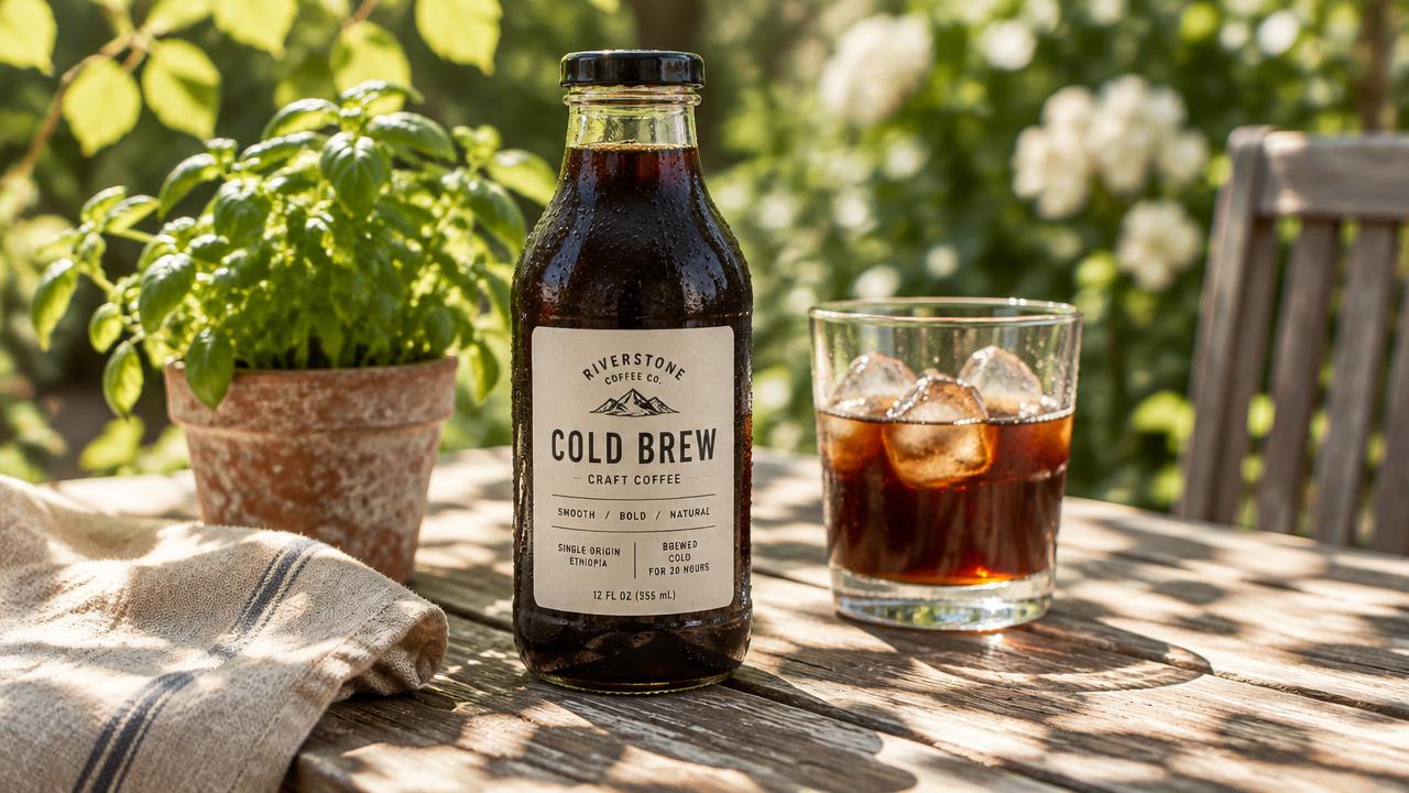 Sunlit cold-brew bottle on a garden table with a filled glass, dappled light, and a linen napkin