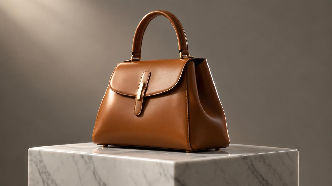 Sculptural cognac leather handbag on a polished white marble plinth under soft directional studio light