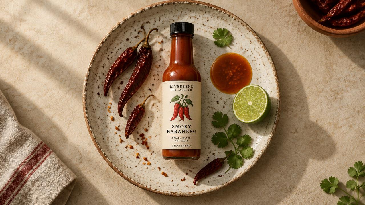 Overhead hot sauce bottle on a speckled stoneware plate styled with dried chilies, lime, and cilantro