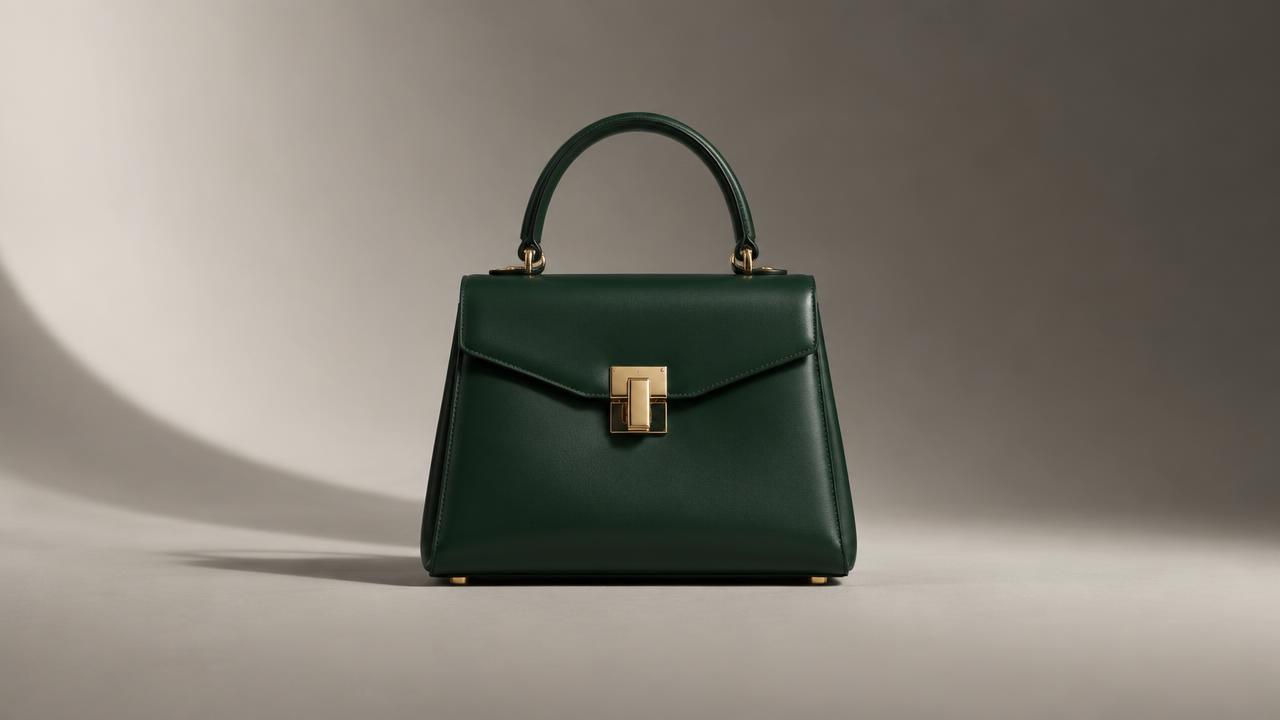 Forest green top-handle handbag on an infinity-curve cyclorama with one long painterly shadow