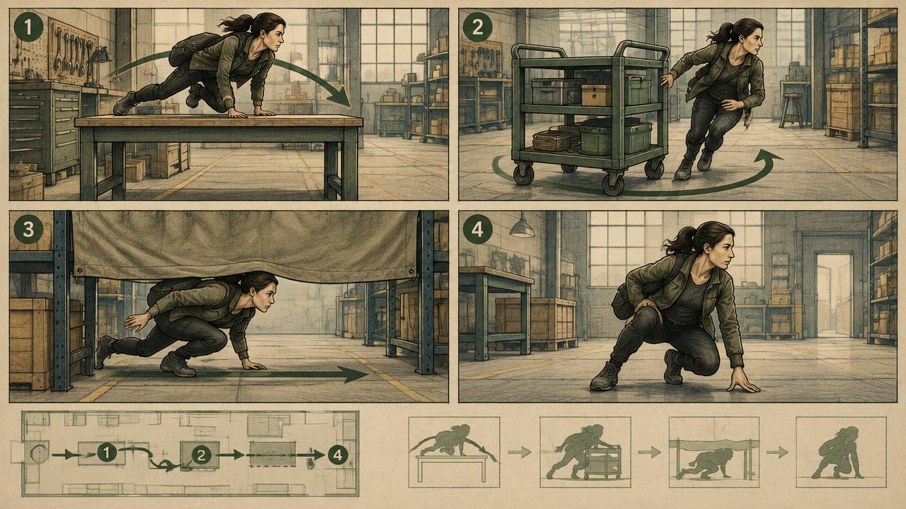 Four-frame action choreography storyboard through a workshop