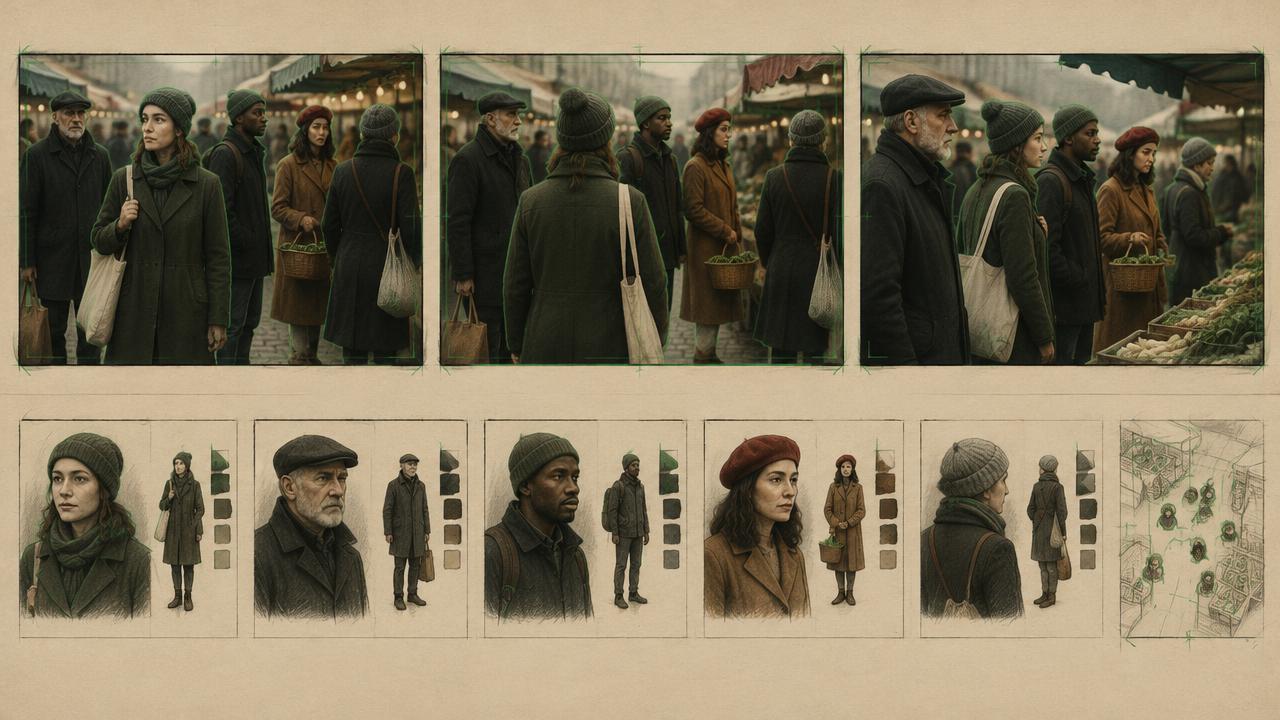 Contact sheet tracking the same background characters across three market shots