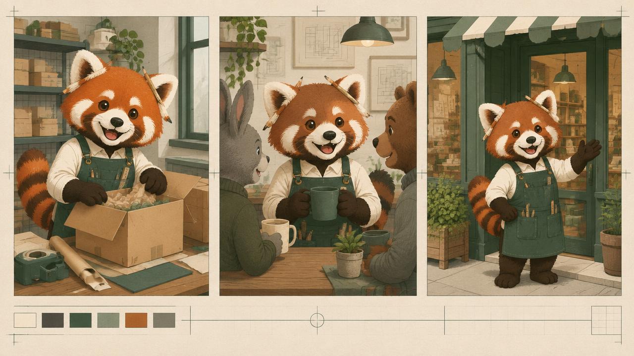 Contact sheet showing one red panda brand mascot across three campaign scenes
