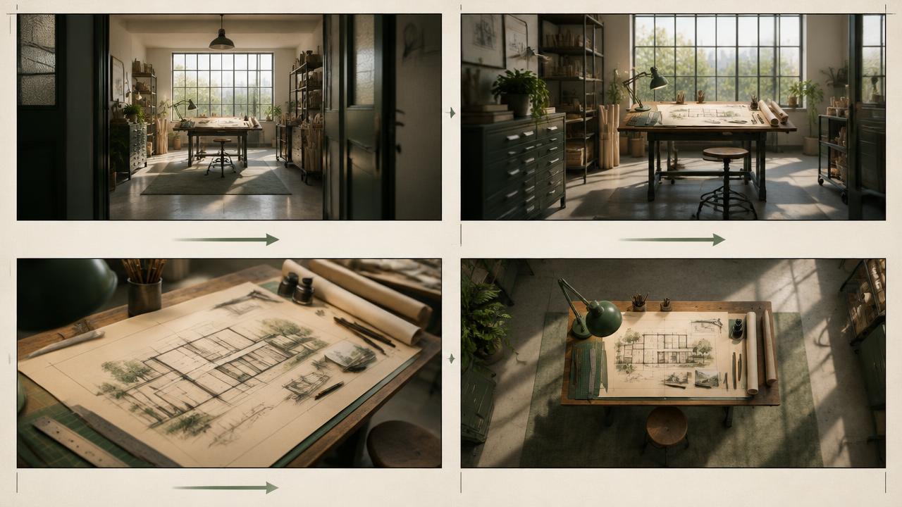 Four-frame storyboard of a camera moving through a drafting studio