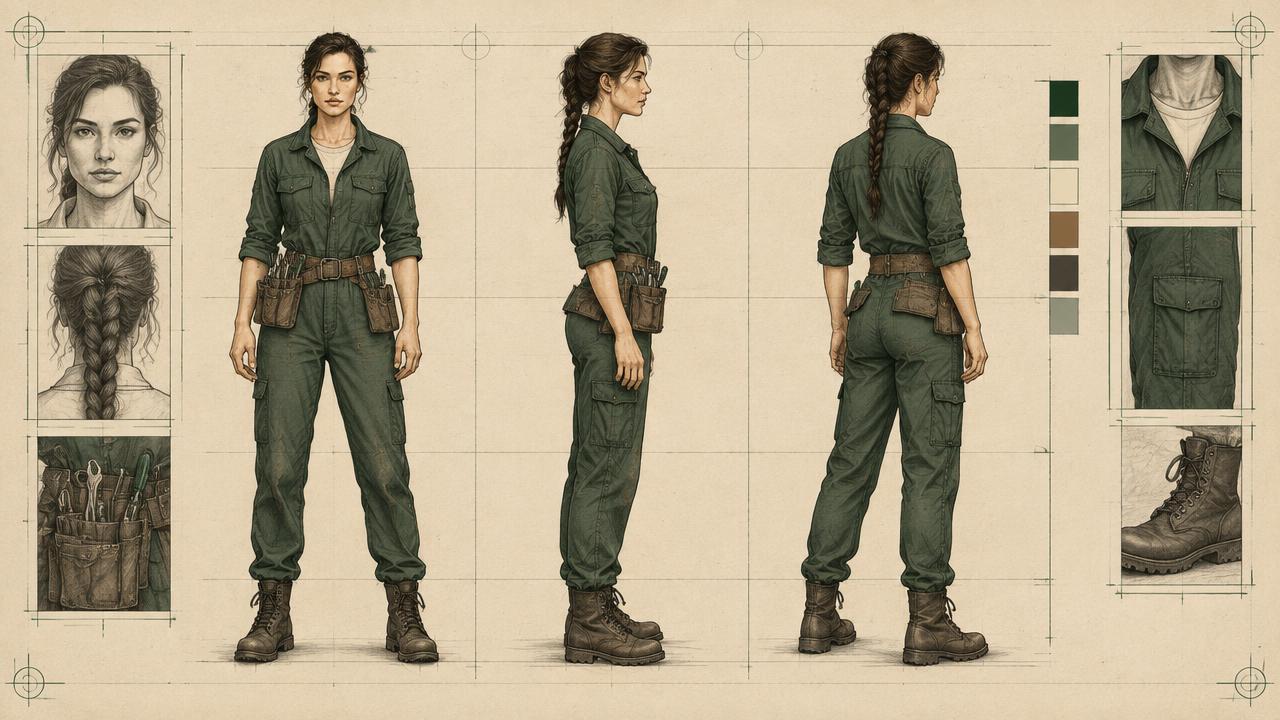 Character turnaround sheet with matching front, side, and rear views
