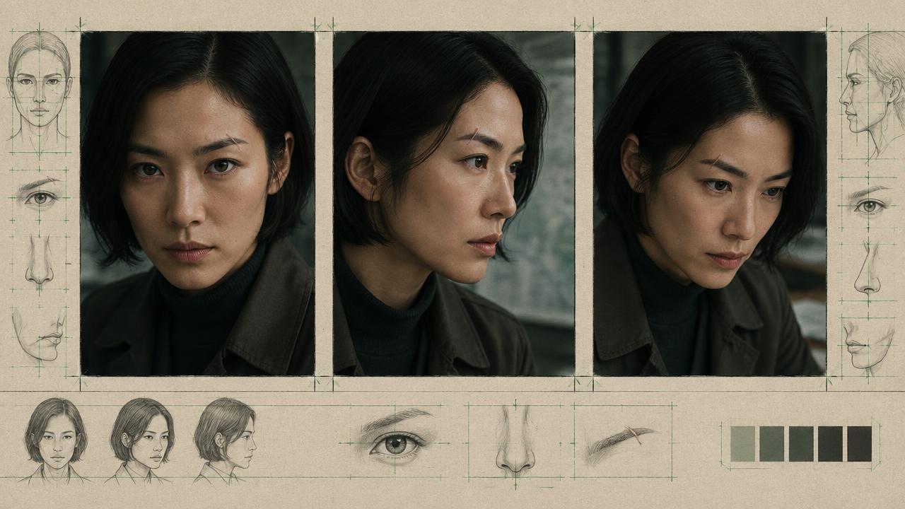 Facial continuity study of one character across three camera angles