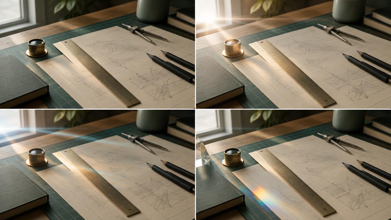 Four-frame study of controlled flare, light streak, and prism lens effects