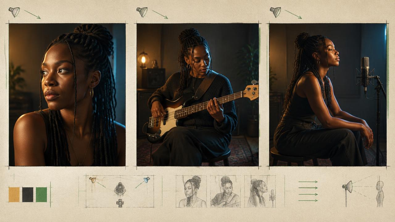 Lighting continuity study across three shots of the same musician