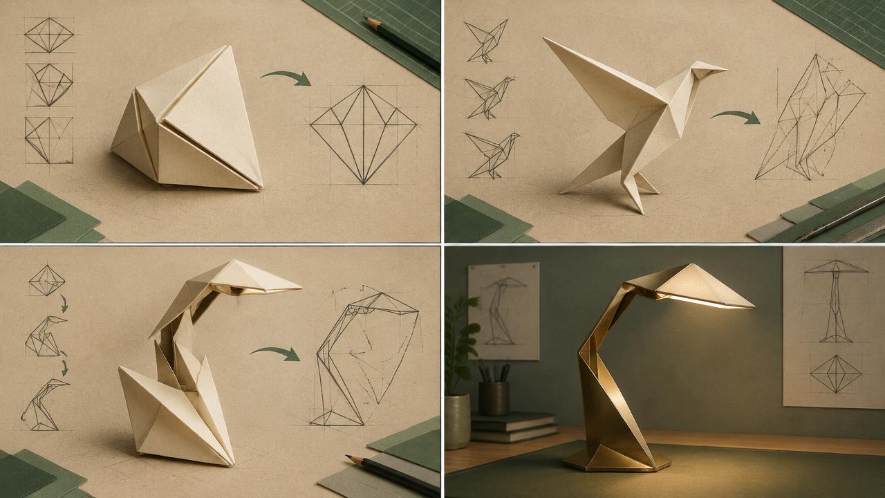 Four-frame transformation study from folded paper to a desk lamp