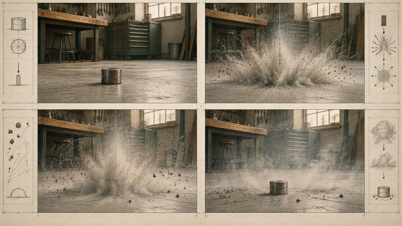 Four-frame effects storyboard of an impact, debris, smoke, and settling dust