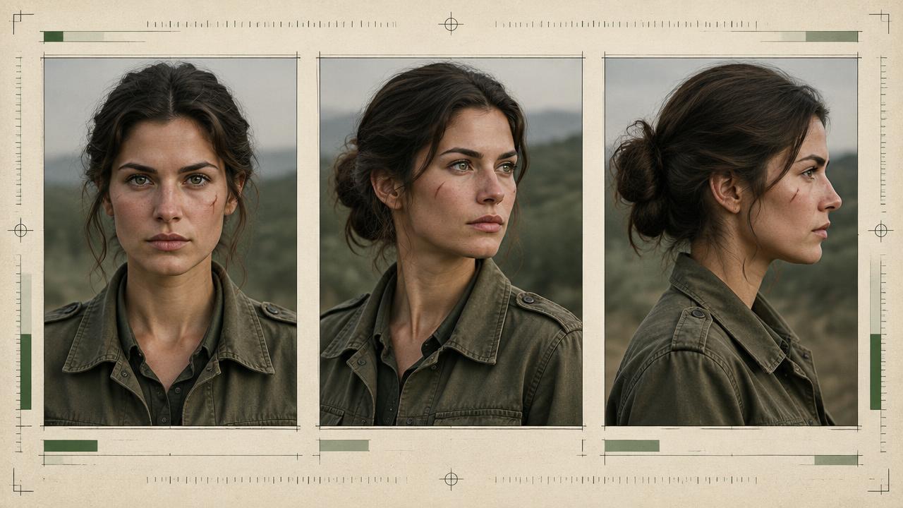 Reference character sheet with matching front, three-quarter, and profile portraits