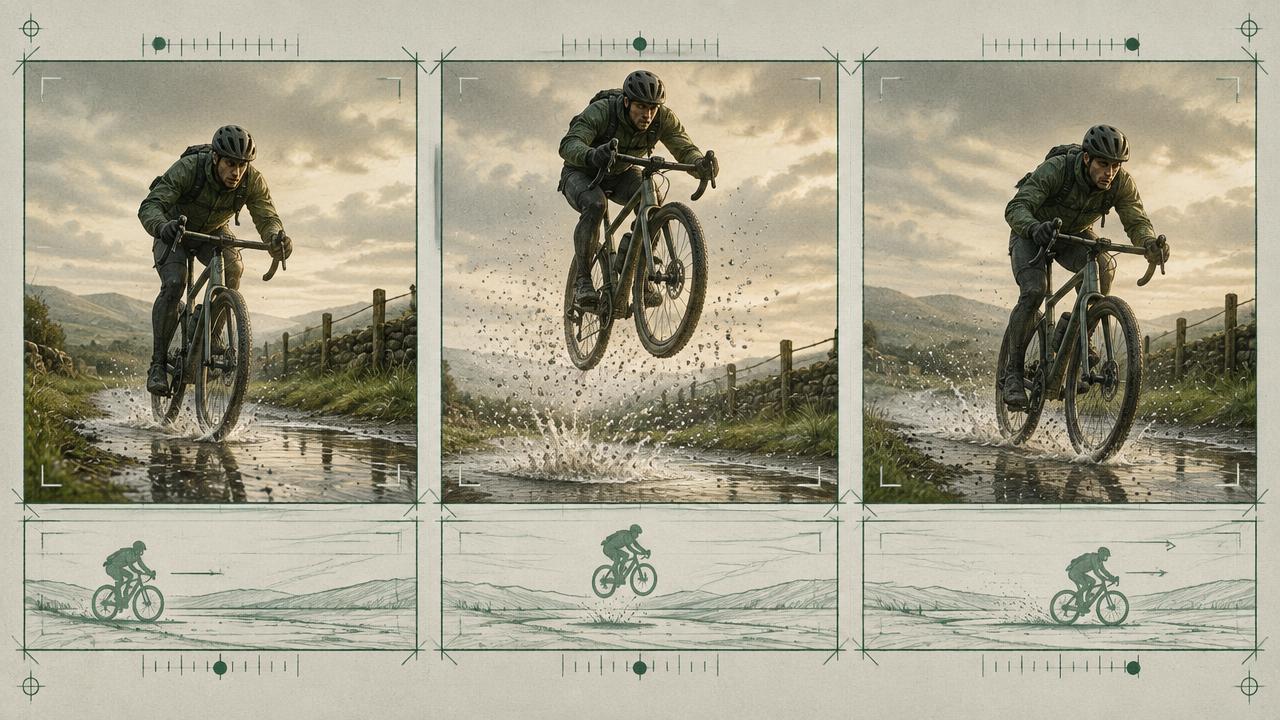 Three-frame slow-motion storyboard of a cyclist crossing a puddle
