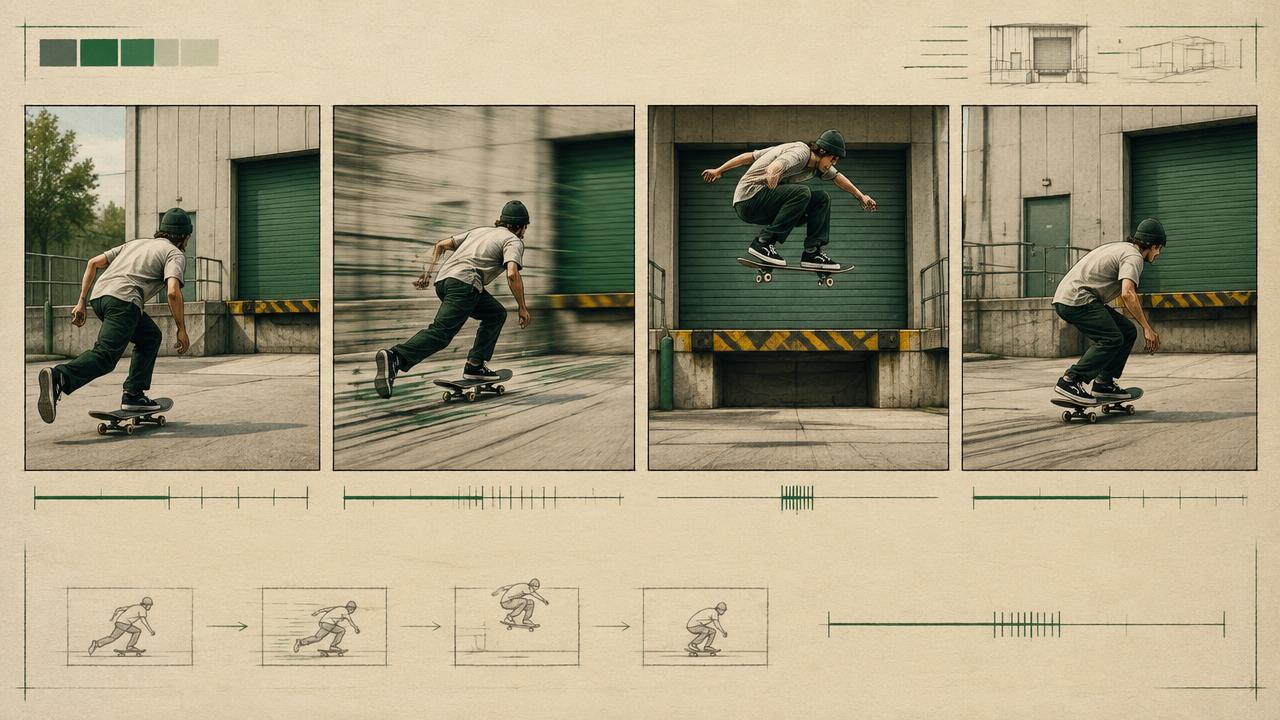 Four-frame speed-ramp storyboard of a skateboard jump