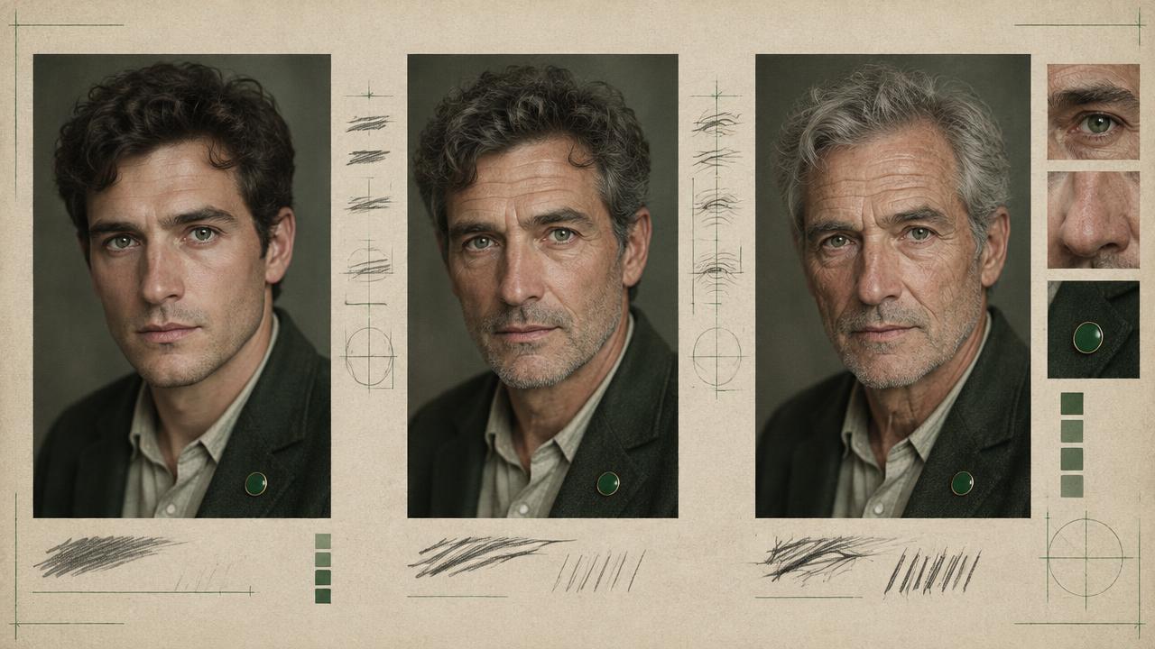 Character aging study showing the same person across three life stages