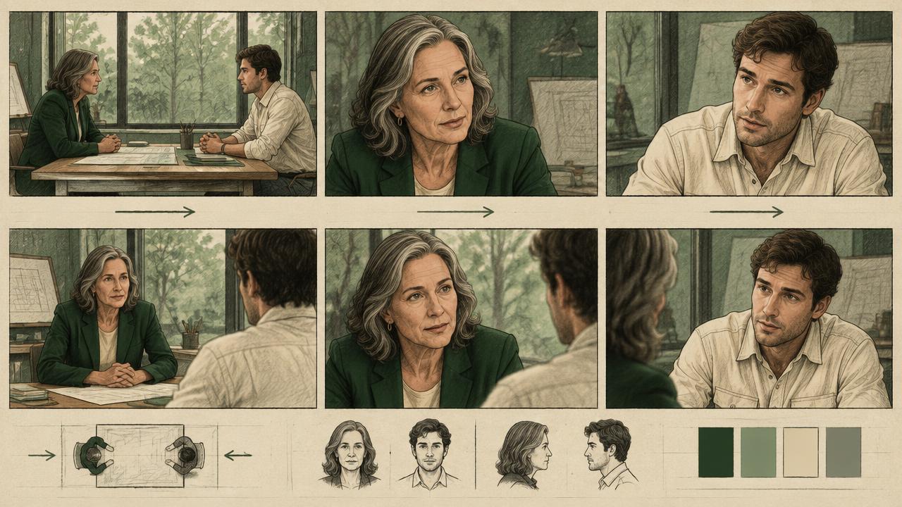 Shot and reverse-shot continuity study for a two-character conversation