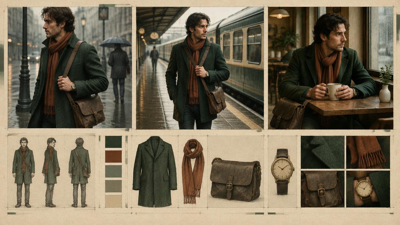 Wardrobe continuity sheet following one character through three locations