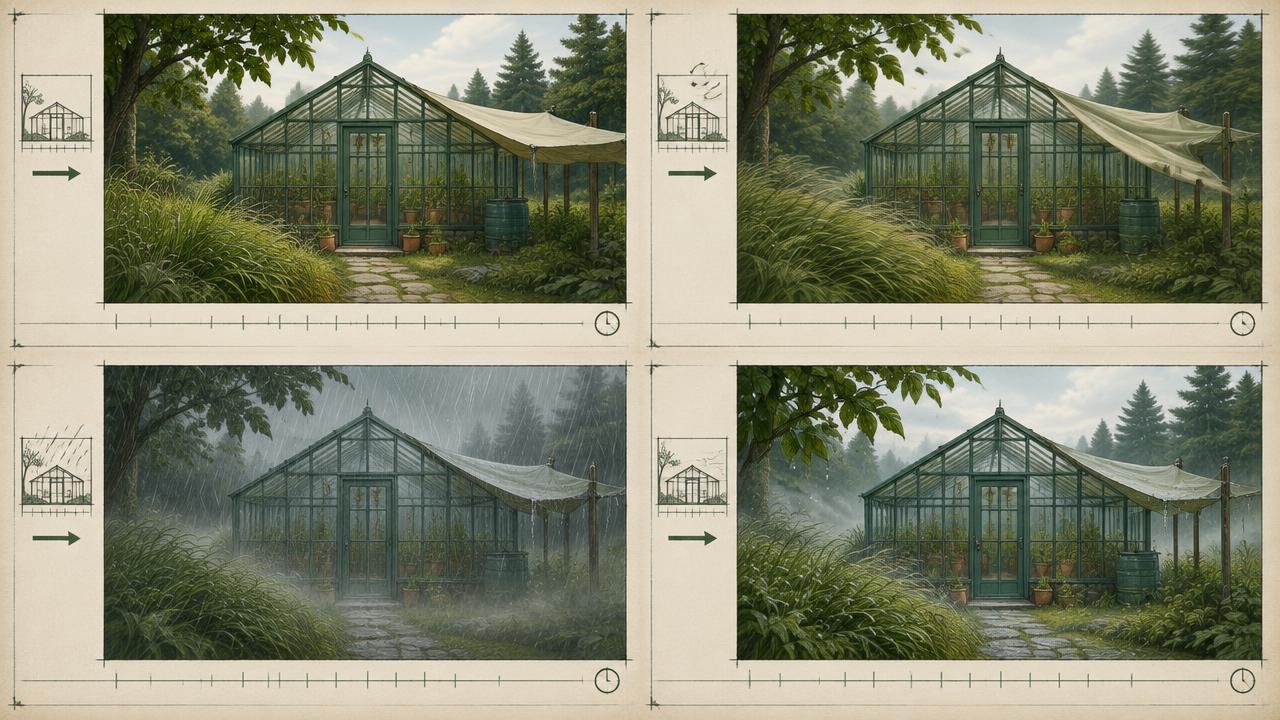 Four-frame weather progression storyboard around a greenhouse